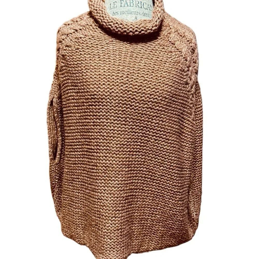 Cocogio Women’s Wool Blend Italian Sweater Poncho One Size Fits All Brown Gold